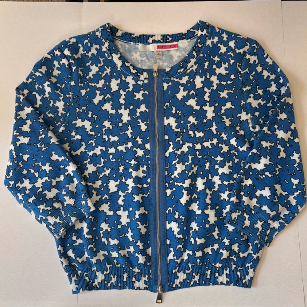 Tracy Reese Blue and White Zip-Front Printed Cardigan